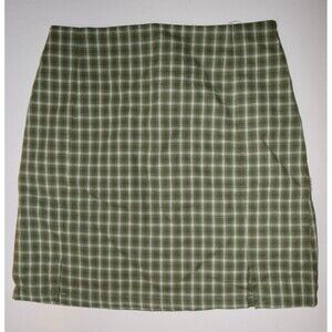 NWOT SHEIN WOMENS OLIVE GREEN Plaid Print Slit Hem Skirt SIZE XS